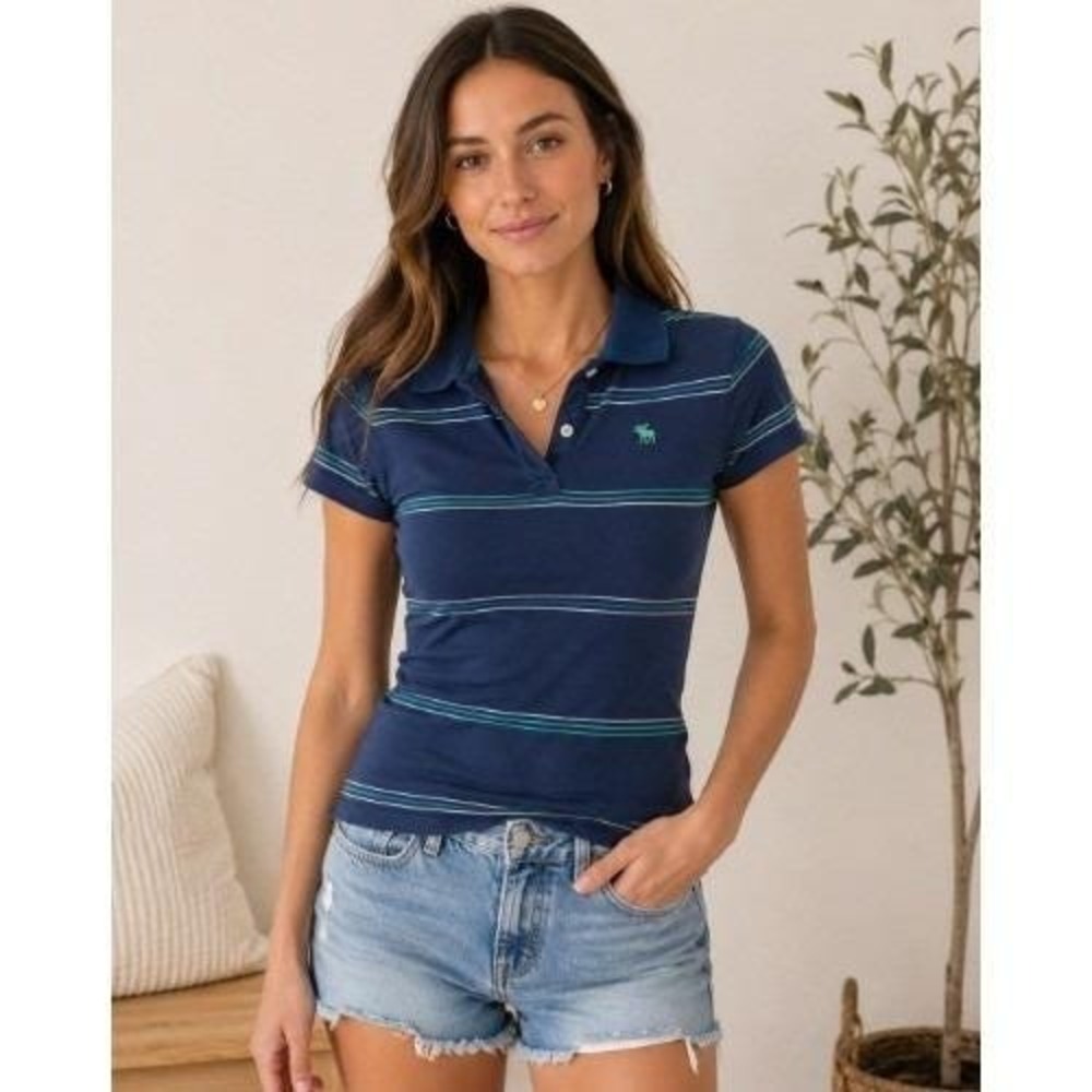 Vintage Abercrombie Fitch Navy Striped Polo‎ Shirt Women Medium Y2K Preppy